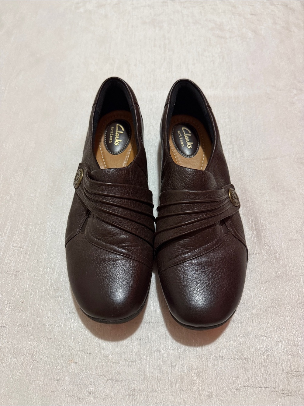 Clarks Brown Leather Slip-On Loafers with Decorative Button